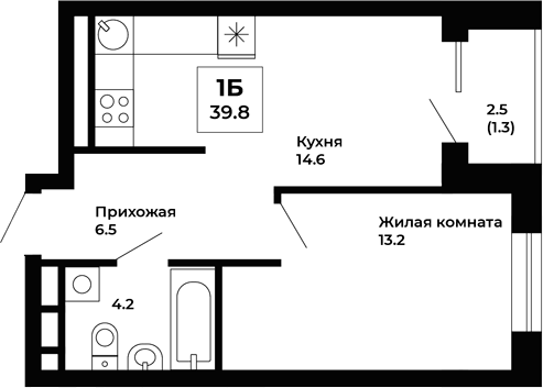 Планировка Планировка 1-к.кв 39,8 м² в ЖК Космос в Екатеринбурге в ЖК Космос